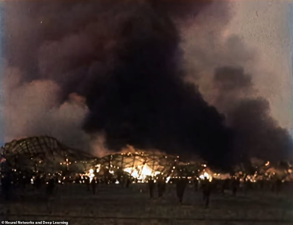 Werner Gustav Doehner was the last surviving passenger from the Hindenburg Disaster before he passed away in November 2019. Pictured: Fire crews and witnesses watched at the Hindenburg burned