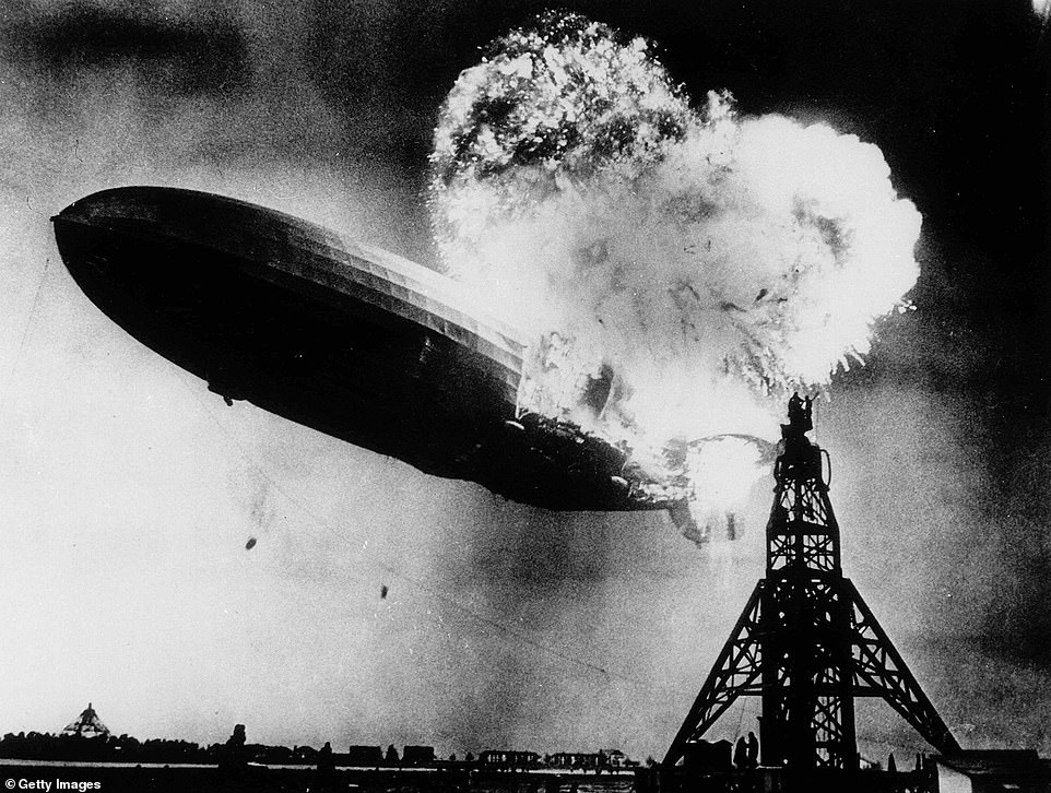 Pictured: the moment the Hindenburg went up in flames and crashed in New Jersey in 1937
