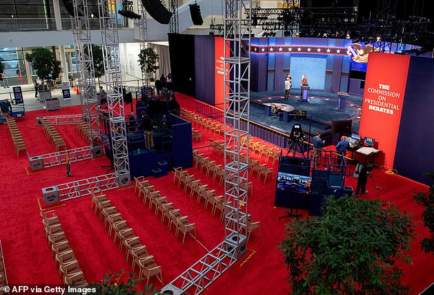 The stage of the first presidential debate is seen at Case Western Reserve University and the Cleveland Clinic on Monday