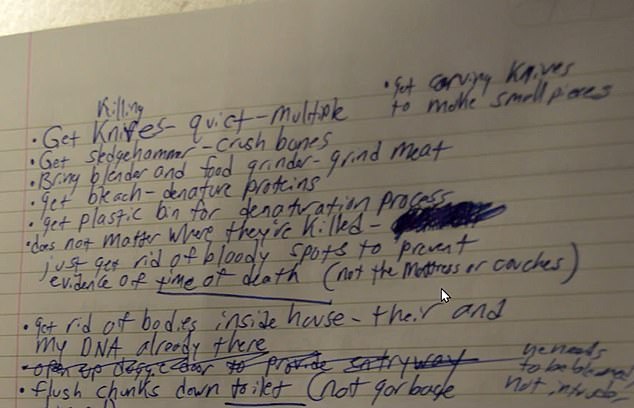 Guy Jr made detailed notes about how he would kill, slaughter and dispose of his parents, and reminded himself to 'bring blender and food grinder - grind meat'