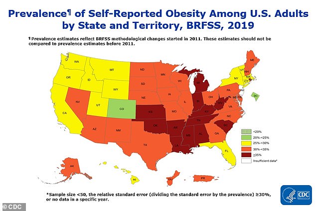 A new CDC map reveals 12 states including Alabama, Arkansas, Indiana, Kansas, Kentucky, Louisiana, Michigan, Mississippi, Oklahoma, South Carolina, Tennessee and West Virginia have adult obesity rates of at least 35% (above)