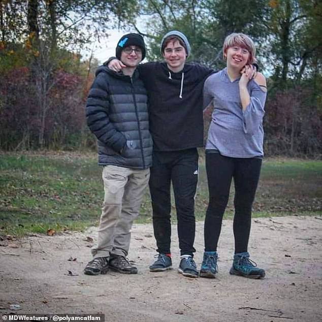 Music teacher, Amber Parker, 24, (right) and boyfriend Brandon Meadows, 23, (left) from Muskegon, Michigan, formed a throuple with Eli Schalk, 21, (centre) in January 2019