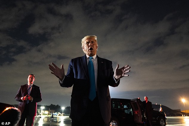 President Donald Trump talks with reporters at Andrews Air Force Base after attending a campaign rally in Latrobe, Pa., Thursday, Sept. 3, 2020, at Andrews Air Force Base