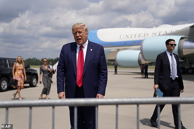 President Trump spent significant time greeting a crowd of hundreds at the Wilmington airport, going up and down the line and addressing them twice, floating that they should vote once by mail and once in person