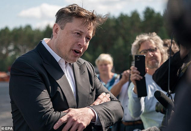 Elon Musk (pictured in Germany on September 3) saw his net worth plummet by $16.3 billion yesterday after Tesla shares dropped by 21 per cent amid a sell off in America tech stocks and new competition from a partnership from Nikola Corp. and General Motors Co.