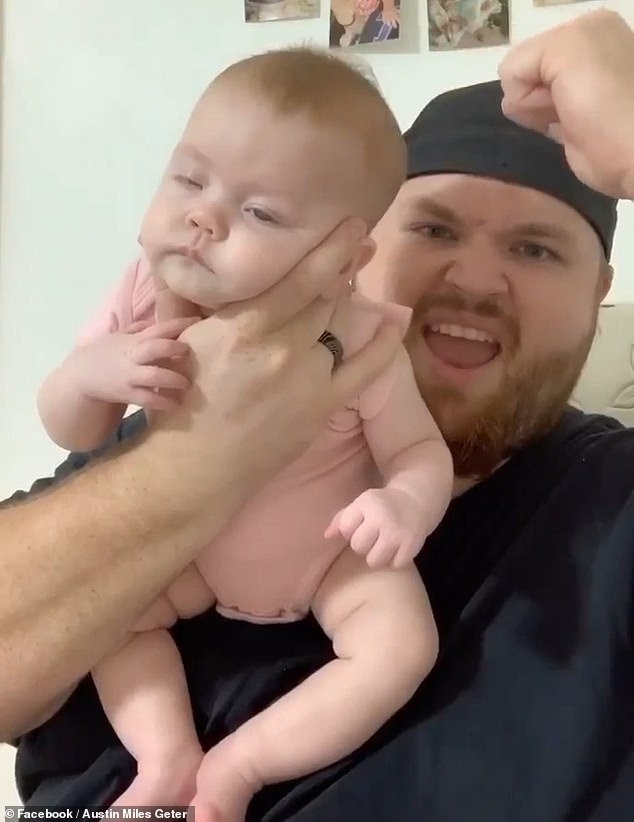 Austin Miles Geter who lives in Texas, has gone viral across social media with his parenting hack for putting babies to sleep. Pictured: Austin and his daughter Charlie