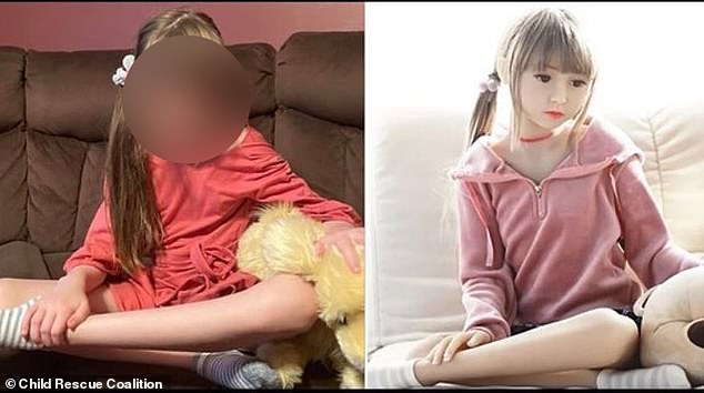 Terri said she received messages from a friend last month alerting her to a child sex doll advertisement on Amazon (right) that resembled her eight-year-old daughter Kat (left)