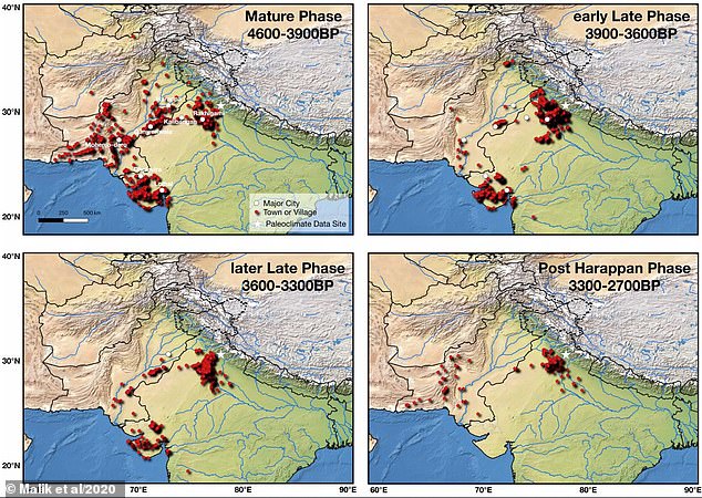 This diagram shows the amount of Indus Valley settlements throughout its lifespan. By 3,300 years ago, the civilisation was in sharp decline and went extinct shortly afterwards