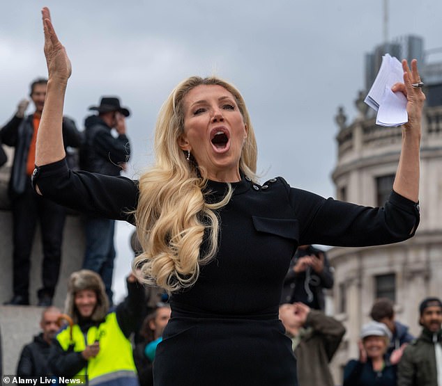 Shamed nurse Kate Shemirani, who is due to host a rally in Trafalgar Square next Saturday, has promoted bogus claims on social media that vaccines are poisonous. (She is seen above at an anti-lockdown rally in London last month)