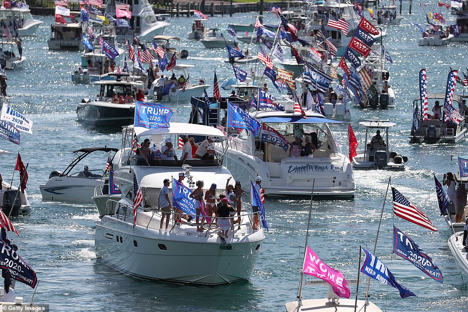 Thousands of Donald Trump supporters took to the waters on Labor Day Monday for a Make America Great Again boat parade. Pictured: boaters in Florida
