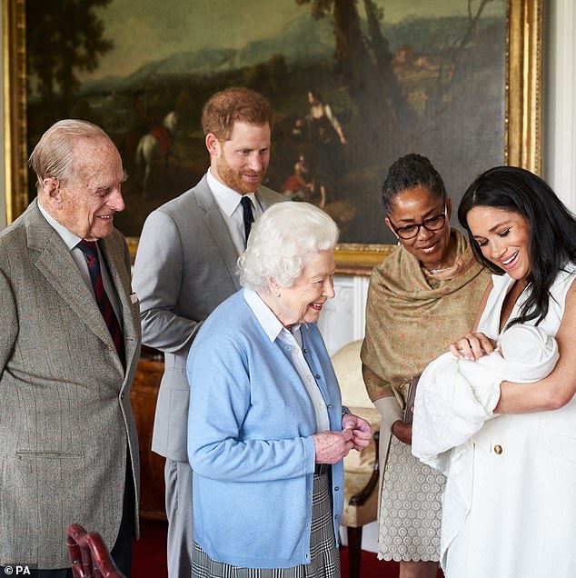 According to Ms Steward, as far as Philip was concerned, Harry and Meghan 'had everything going for them: a beautiful home, a healthy son, and a unique opportunity to make a global impact with their charity work'. Pictured following the birth of Archie Mountbatten Windsor in May last year
