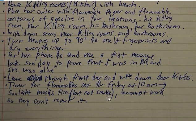 The purported murder instructions then advise wiping down ‘areas near killing rooms and bathrooms’, before turning up the heating to 90 degrees in the home because it ‘speeds up decomposition’ and ‘melt[s] fingerprints’