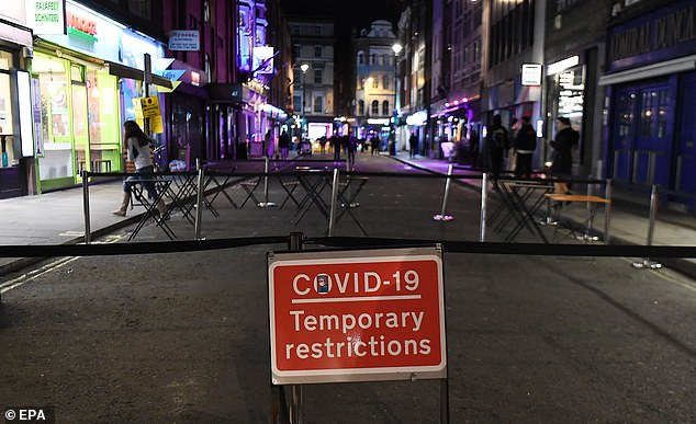 Takings in venues last Friday were down 37 per cent, compared to the same day in 2019. Pictured: An empty street in Soho, London, just before the 10pm closure