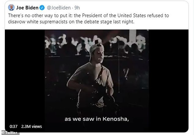 The Democratic candidate on Tuesday shared a video clip denouncing white supremacists that including a photo of Rittenhouse wielding a gun