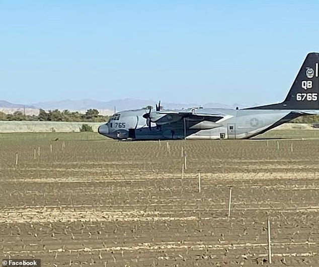 The tanker (pictured on Tuesday) was forced to make an emergency landing in a field near Thermal, California, just east of the airport. All eight crew members on board were unharmed