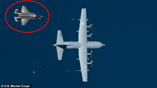 A F-35B fighter jet (circled in stock image) crashed near the Salton Sea in southern California on Tuesday afternoon after colliding with a KC-130J tanker during a refueling (pictured) operation
