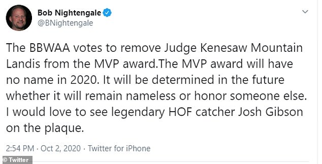 The BBWAA will vote in 2021 to consider adding another person's name to the respective National League and American League MVP plaques