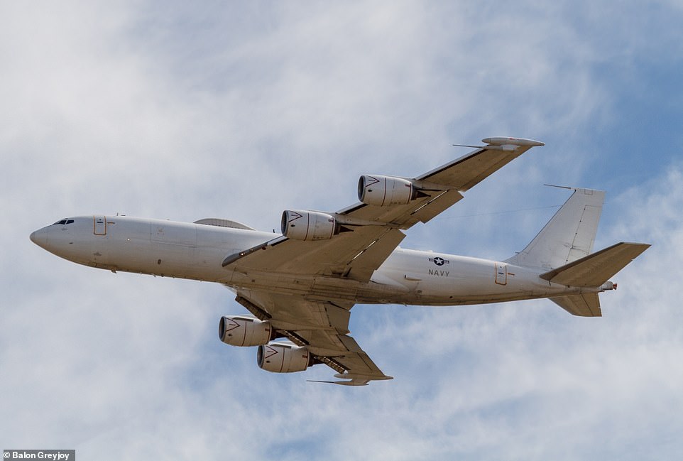 Most military aircraft fly with their transponders off, but the two planes launched with their transponders on, allowing them to be publicly tracked. Pictured: An E-6B Mercury on taking off from Tinker Air Force Base in Oklahoma City, Oklahoma