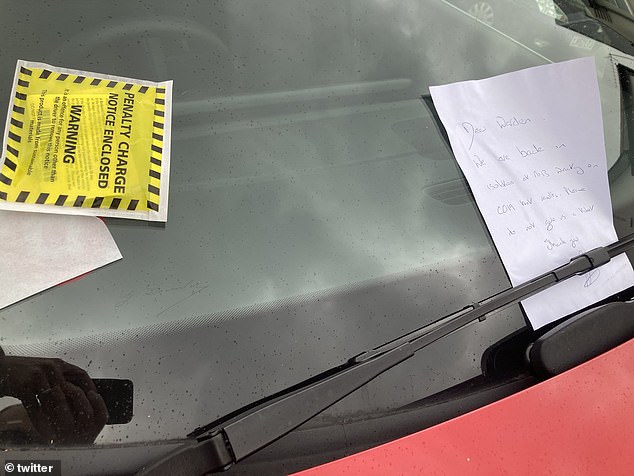 But a yellow penalty charge notice envelope was attached to the windscreen next to the handwritten plea in Haringey, north London, on Friday afternoon