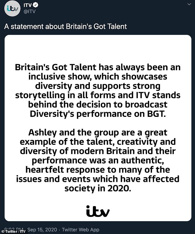 Support: ITV 'stood with Diversity' as they featured adverts in national newspapers in support of the controversial dance while Ofcom announced they will not investigate the complaints any further