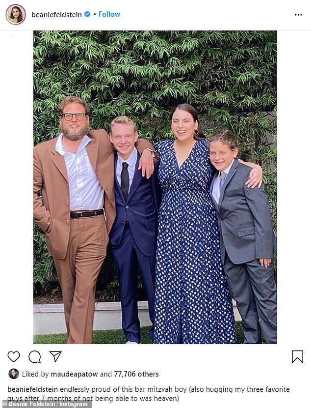 Family gathering: Beanie posted a photo last month of herself, Jonah and their nephews Joshua and Charlie at Josh's bar mitzvah