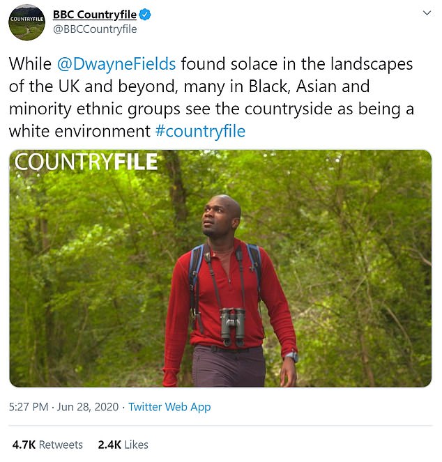 The BBC programme aired an episode in June in which Dwayne Fields, above, investigated a DEFRA report saying some ethnic groups felt the UK's national parks are a 'white environment'