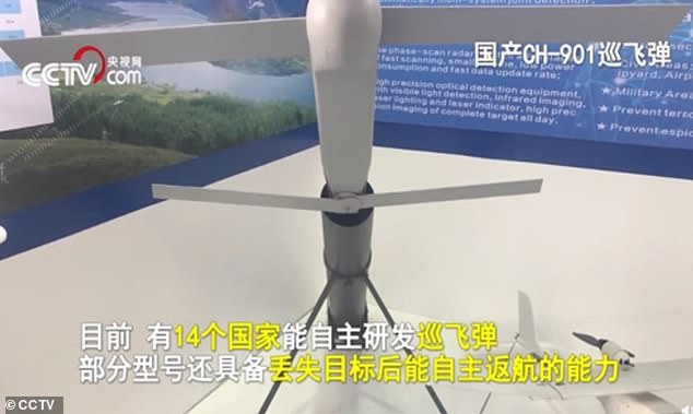 A screen grab of China's CCTV shows a CH-901 suicide drone on display at an exhibition