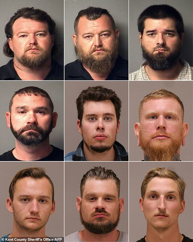 This combination of pictures created on October 09, 2020 shows booking photos released by the Antrim County Sheriff's Office in Michigan (L-R, top to bottom) Michael Null, William Null, Eric Molitor, and Shawn Fix and images released by the Kent County Sheriff's Office in Michigan, Ty Garbin, Brandon Caserta, Kaleb Franks, Adam Fox, and Daniel Harris. All are suspects in the alleged plot to kidnap Michigan Governor Gretchen Whitmer
