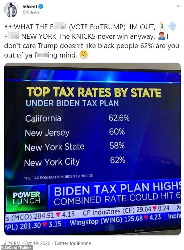 50 Cent tweeted a shot of the tax rates Democratic candidate Joe Biden and running mate Kamala Harris are proposing in their administration