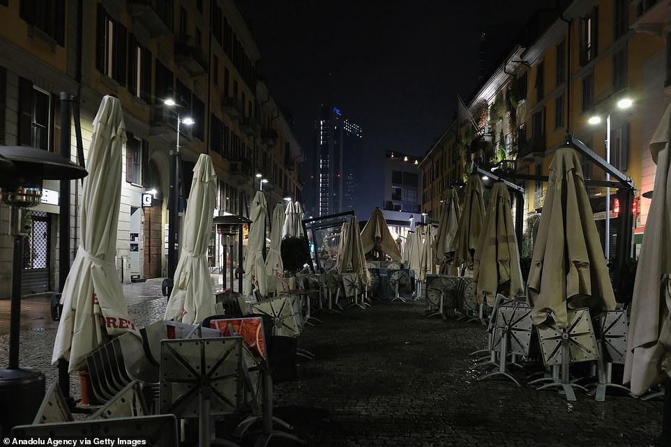 Outdoor cafe terraces are closed for businesses with their covers down and tables stacked up following the curfew order