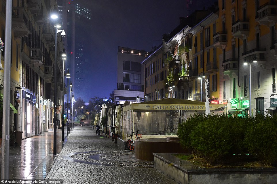 An empty street in Milan following the partial lockdown order which will also see secondary schools close in northern Italy