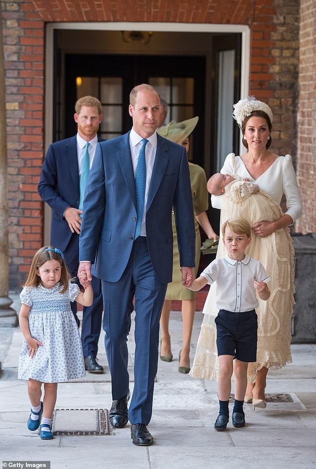 Those interested in applying must 'be able to manage a varied workload, show initiative and be content to work flexibly' and a salary is not listed with the job advert. Pictured: Princess Charlotte and Prince George hold the hands of their father, Prince William, Duke of Cambridge, at the christening of their brother, Prince Louis, who is being carried by their mother, Catherine, Duchess of Cambridge