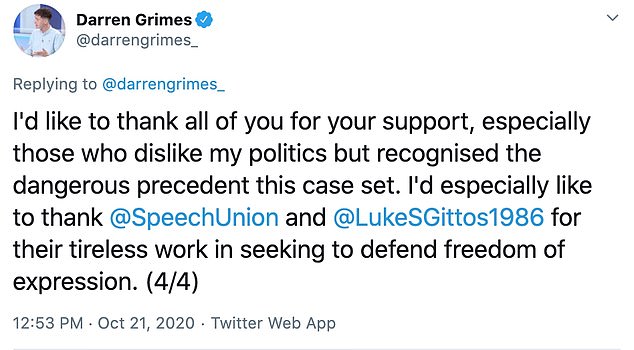 In a statement today, Mr Grimes, who was previously investigated for allegedly violating electoral laws during the 2016 EU referendum, said he is 'delighted to be free from months, if not years, of yet more legal drama occupying my life'