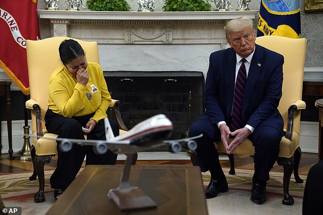 Army Spc. Vanessa Guillen's mother Gloria Guillen, left, tears up as she meets with President Donald Trump in the Oval Office of the White House on July 30 to discuss the I Am Vanessa Guillen bill to reform how military addresses sexual misconduct