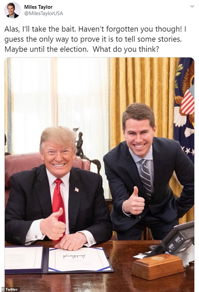 Miles Taylor, the former DHS chief of staff who endorsed Joe Biden earlier this week, produced a thumbs up, Oval Office picture of himself with President Donald Trump after the president tweeted that he didn't know him