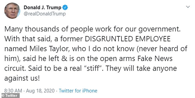 Trump hammered Taylor in a Tuesday morning tweet. Trump said he didn't know the aide but he was 'said to be a real "stiff"'