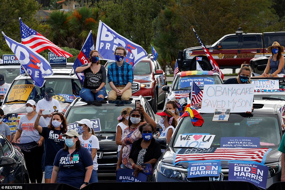 Biden supporters arrived for the Coconut Creek rally in Florida wearing masks and stationed in their own cars to avoid crowding around and potentially spreading COVID-19