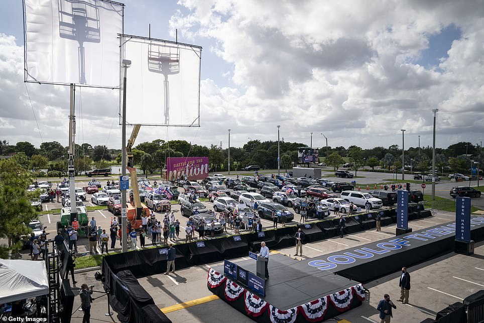 A view of the drive-in campaign rally venue in the parking lot at Broward College in Coconut Creek, Florida above where cars were spaced out and everyone was urged to social distance and wear masks
