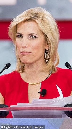 Masked Fox star: Laura Ingraham was mocked by the president for wearing a mask as she stood in a VIP area of the Michigan rally. Her mask appears to have come from the Clear company at an airport.