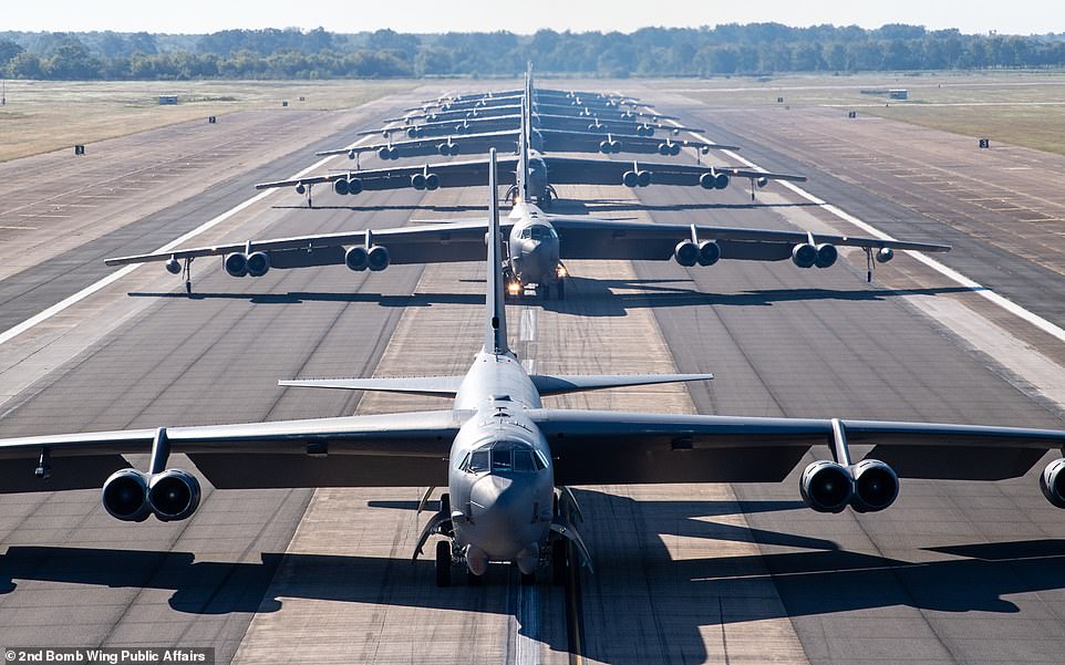B-52 bombers put on show of force demonstrate how fast they can get in the air with nuclear weapons