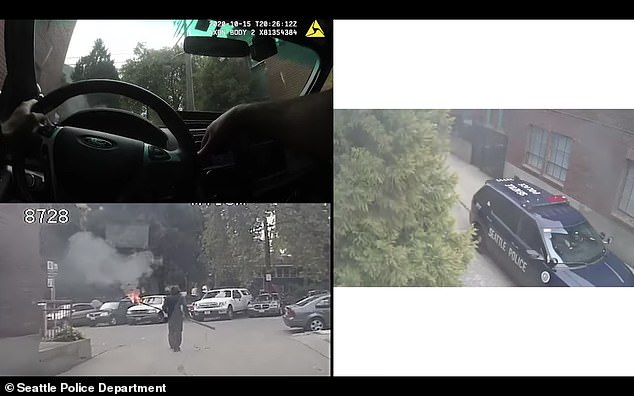 Bodycam footage shows terrifying moment Seattle cop is injured after burning piece of wood thrown