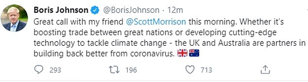 Boris Johnson means to tweet Australian PM but messages man with 56 followers