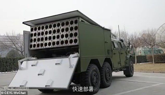Footage released by China Electronics Technology Group Corporation, the drones' developer, shows the weapon's ground launcher: a military truck with 48 launching cells at the back