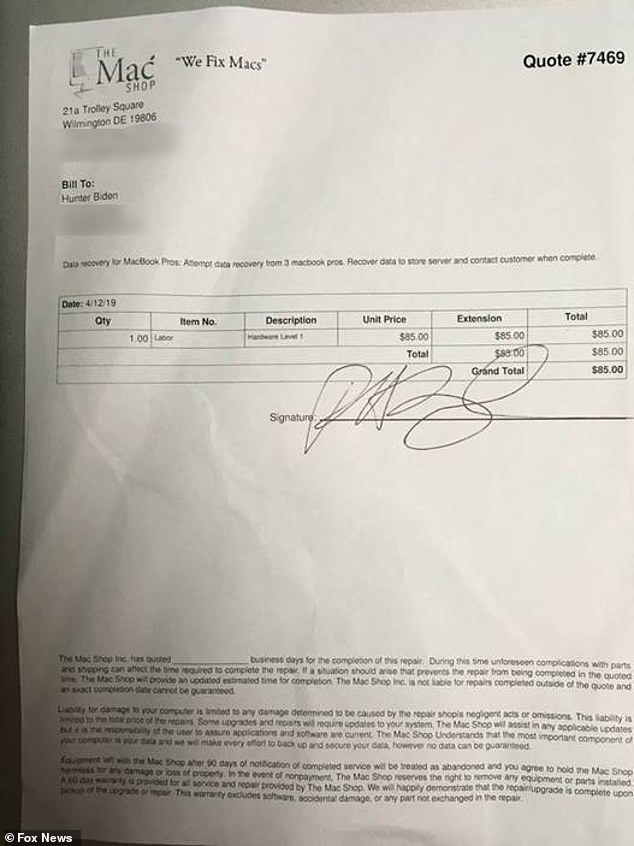 Documents ‘show Hunter Biden’s signature on Delaware computer repair shop receipt’