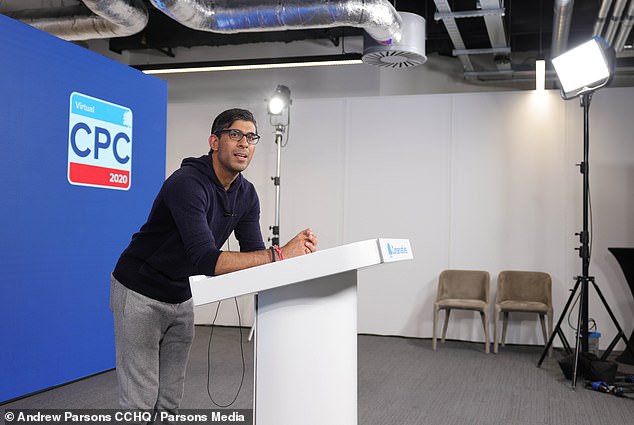 Rishi Sunak will launch a £238m back-to-work jobs scheme today. Pictured: Sunak yesterday rehearsing his speech on the eve of delivering it to the Tory Party virtual conference