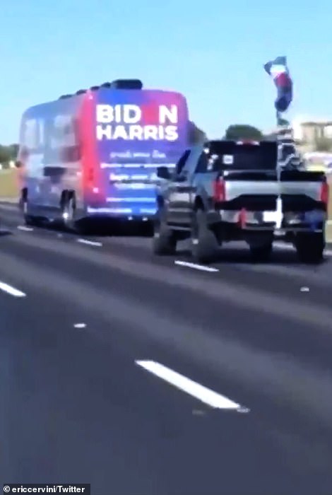 Cars in the pro-Trump convoy were seen driving perilously close to the Biden campaign bus.