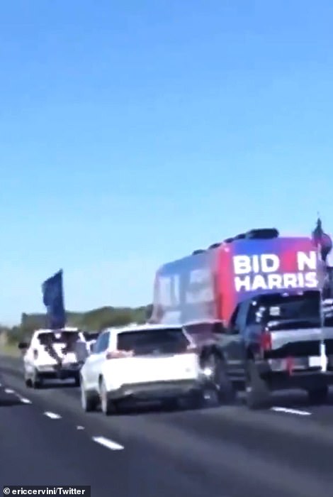 A Biden campaign staffer said the cars had slowed down in front of the Biden bus, attempting to either stop it or run the bus off the road