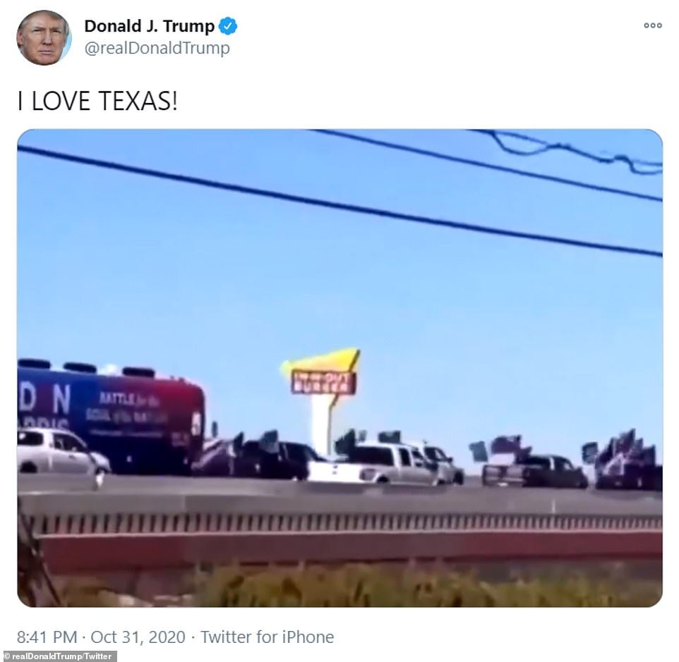 Trump had previously indicated his support for the 50-strong Trump convoy on Saturday by tweeting a video of MAGA flag-flying cars surrounding the Biden bus as it made its way down the highway, writing: 'I LOVE TEXAS'