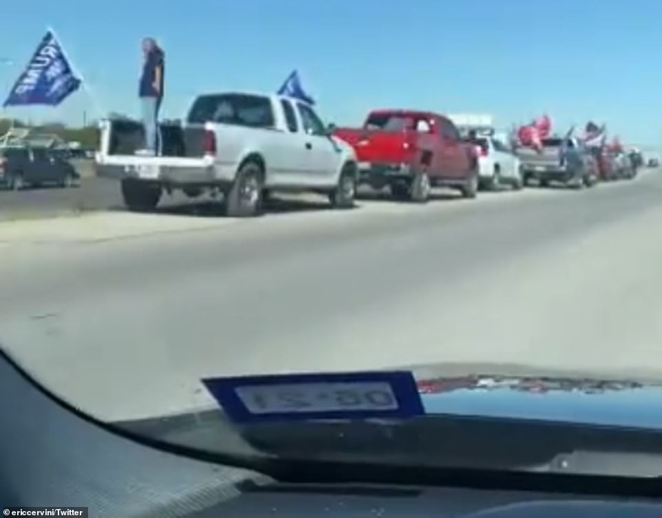Video showed the pro-Trump convoy waiting on the side of a highway before it swarmed a Biden campaign bus