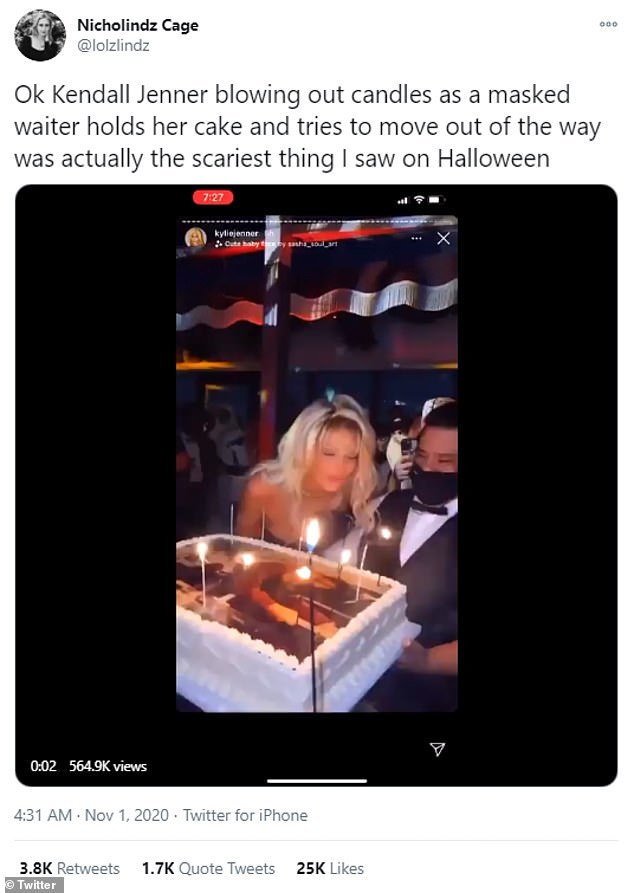 Candles: One video that surfaced (originally posted on Kylie Jenner's Instagram story) featured Jenner, dressed as Pamela Anderson from her 1996 cult classic Barb Wire, blowing out the candles of her birthday cake, while a masked waiter held the cake